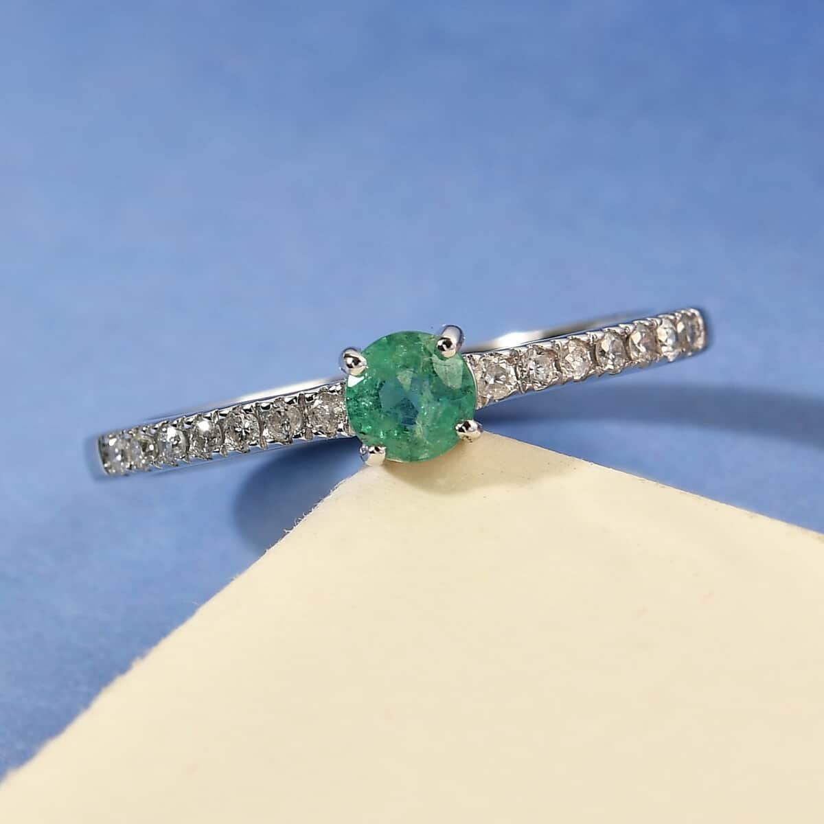 LUXORO 10K White Gold Premium Boyaca Colombian Emerald and Diamond Dainty Ring (Size 8.0) 0.35 ctw image number 1