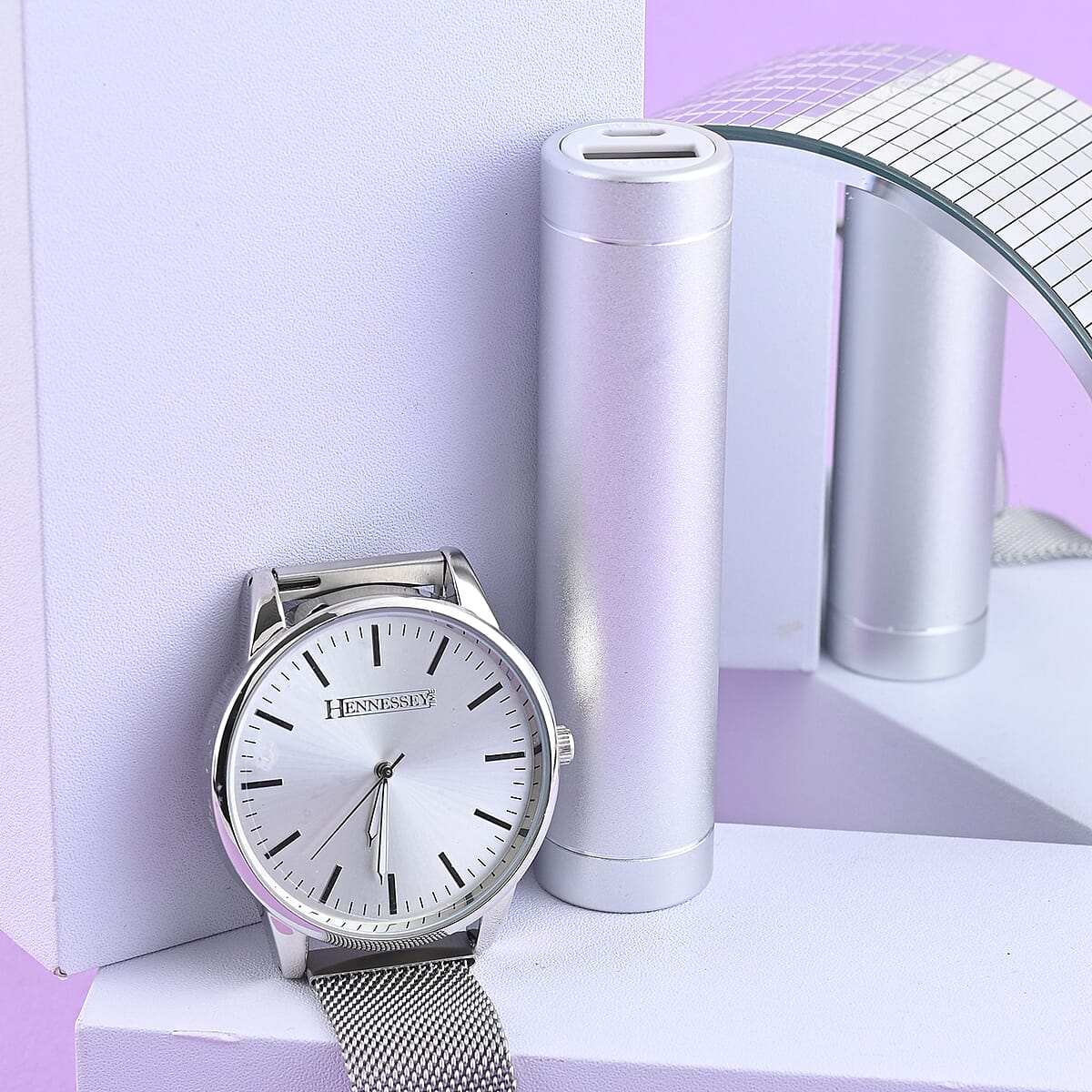 HENNESSEY Japanese Movement Stainless Steel Watch and Silver Power Bank with Charging Cable for Cell Phone image number 1
