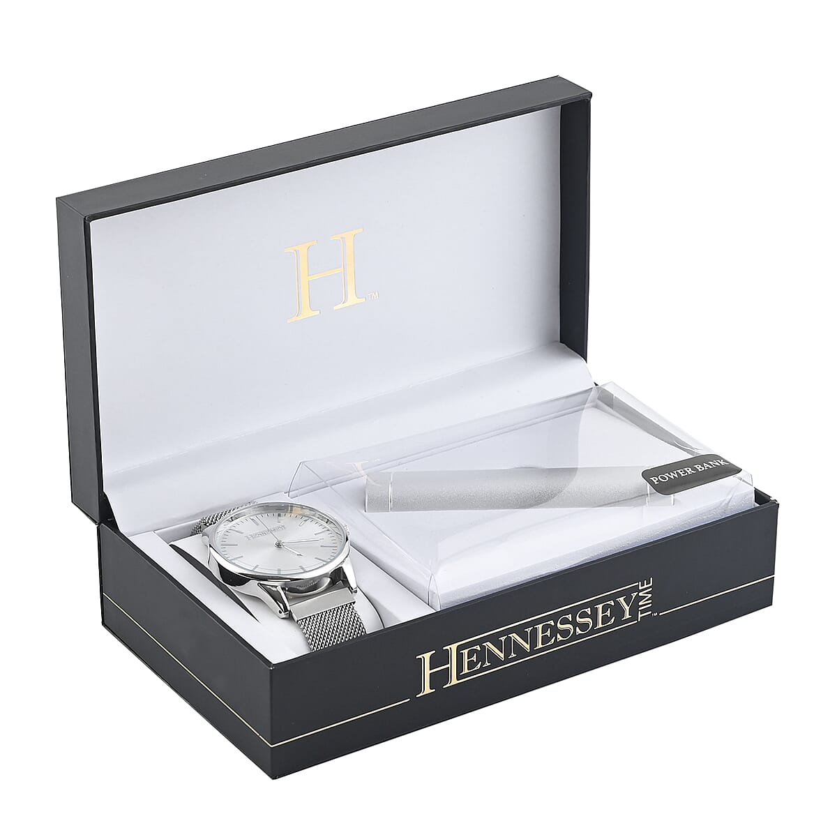 HENNESSEY Japanese Movement Stainless Steel Watch and Silver Power Bank with Charging Cable for Cell Phone image number 5