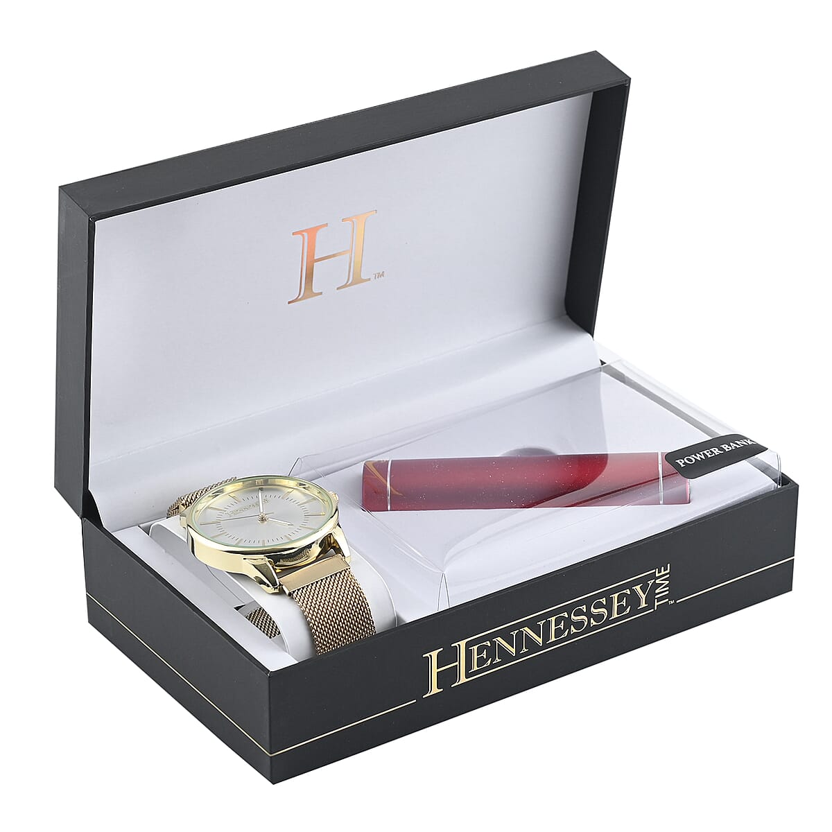 HENNESSEY Japanese Movement ION Plated YG Over Stainless Steel Watch and Red Power Bank with Charging Cable for Cell Phone image number 5