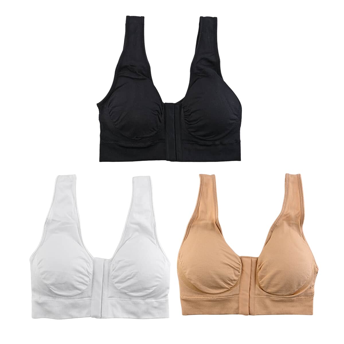 Miracle Bamboo Beyond Comfort Bra Set of 3 Front Closure Bras - Black, Beige and White - Size L image number 0