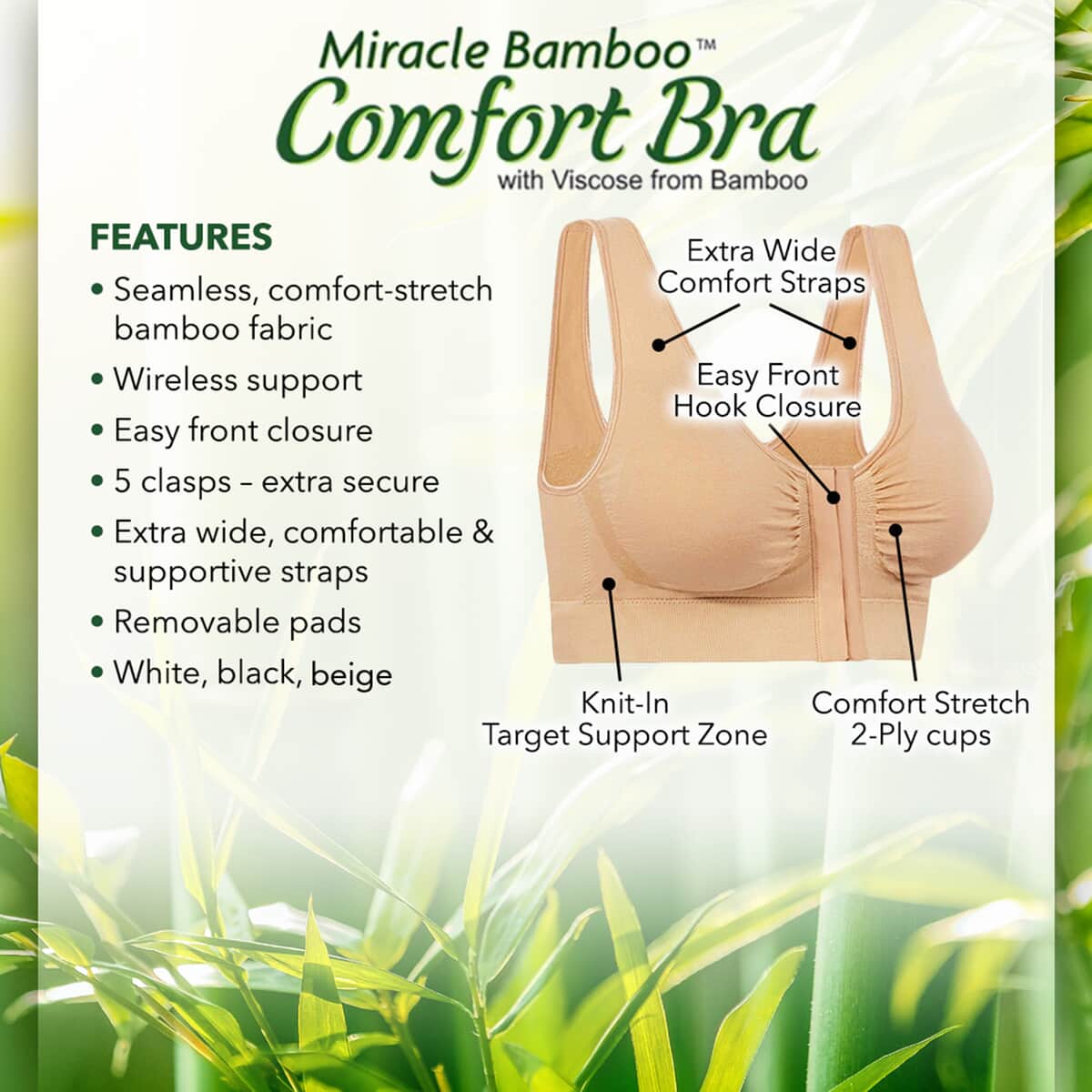 Miracle Bamboo Beyond Comfort Bra Set of 3 Front Closure Bras - Black, Beige and White - Size L image number 1