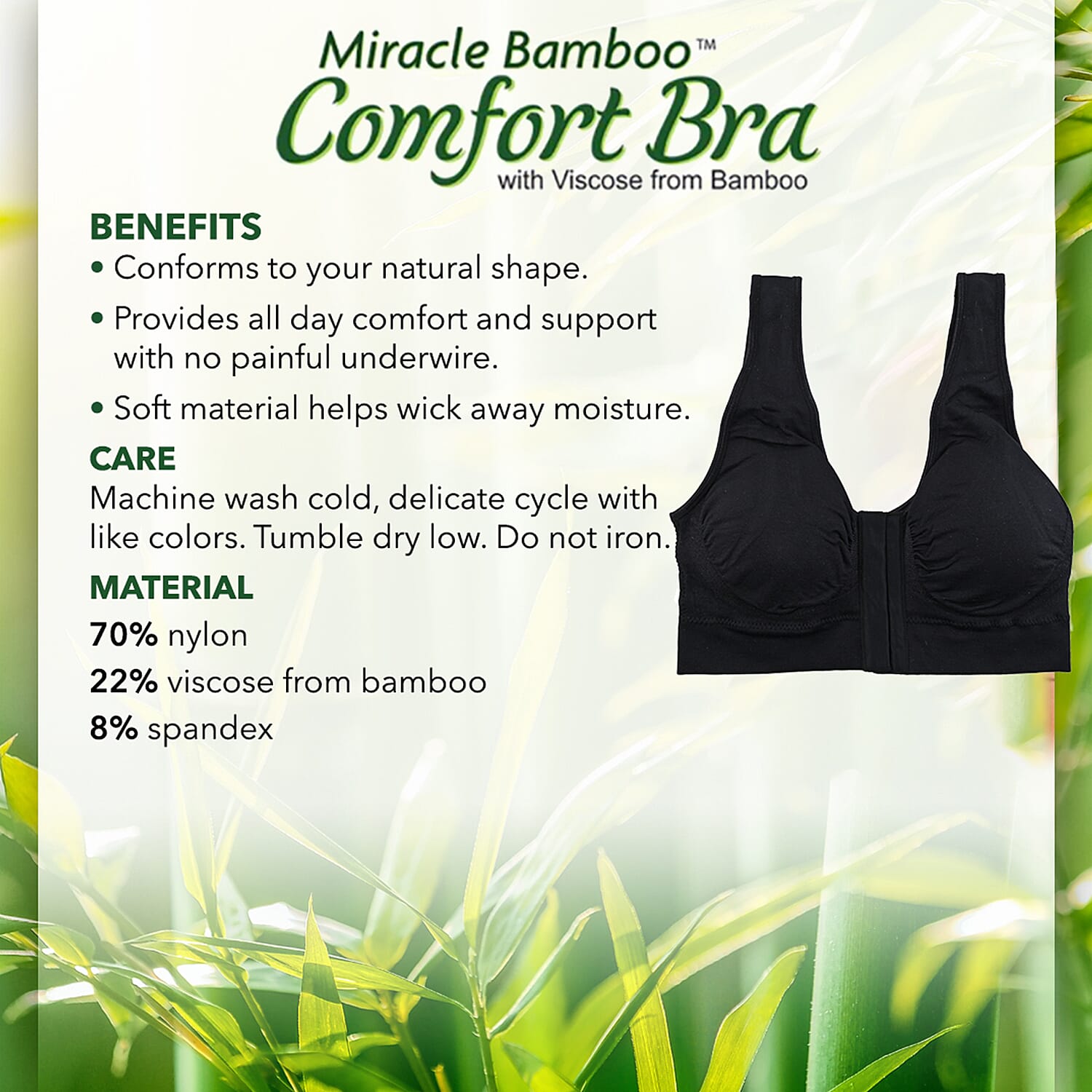 Miracle Bamboo Beyond Comfort Bra Set of 3 Front Closure Bras - Black, Beige and White - Size L