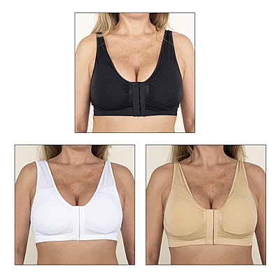 Miracle Bamboo Beyond Comfort Bra Set of 3 Front Closure Bras - Black, Beige and White - Size L
