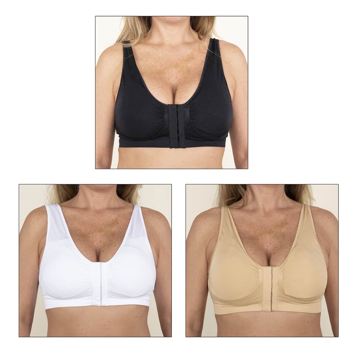 Miracle Bamboo Beyond Comfort Bra Set of 3 Front Closure Bras - Black, Beige and White - Size L image number 4