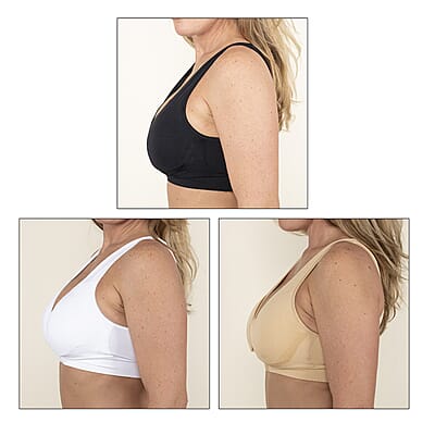 Miracle Bamboo Beyond Comfort Bra Set of 3 Front Closure Bras - Black, Beige and White - Size L