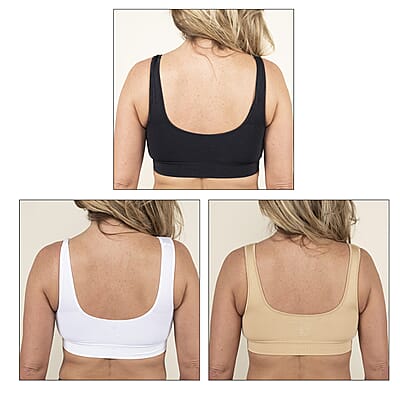 Miracle Bamboo Beyond Comfort Bra Set of 3 Front Closure Bras - Black, Beige and White - Size L