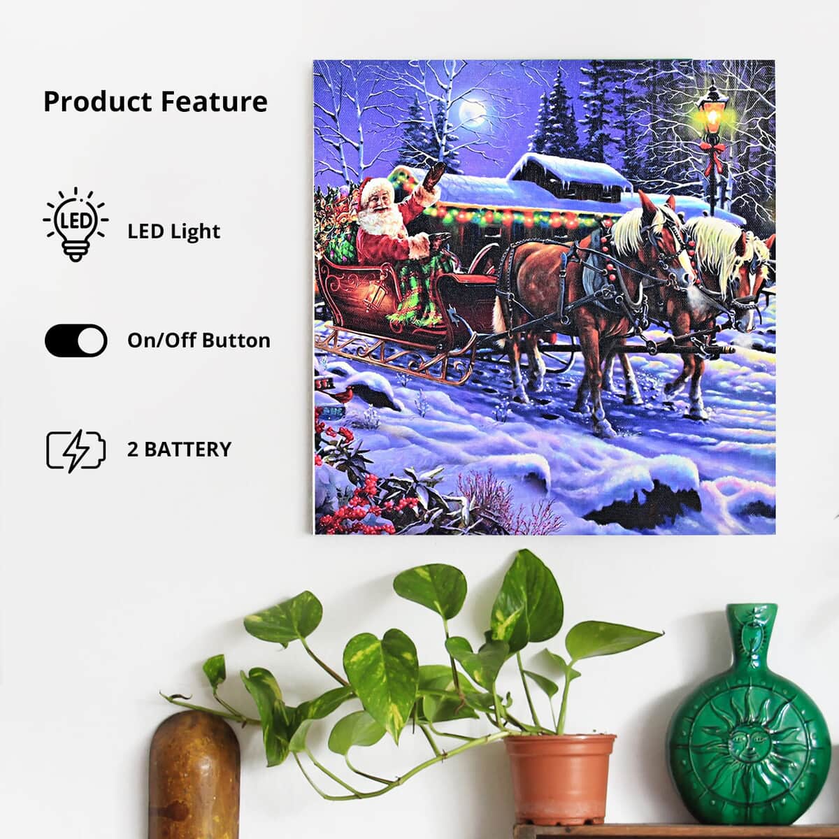 Multi Color Canvas 3-LED Santa and Sleigh Christmas Painting (2xAA Battery Not Included) image number 2