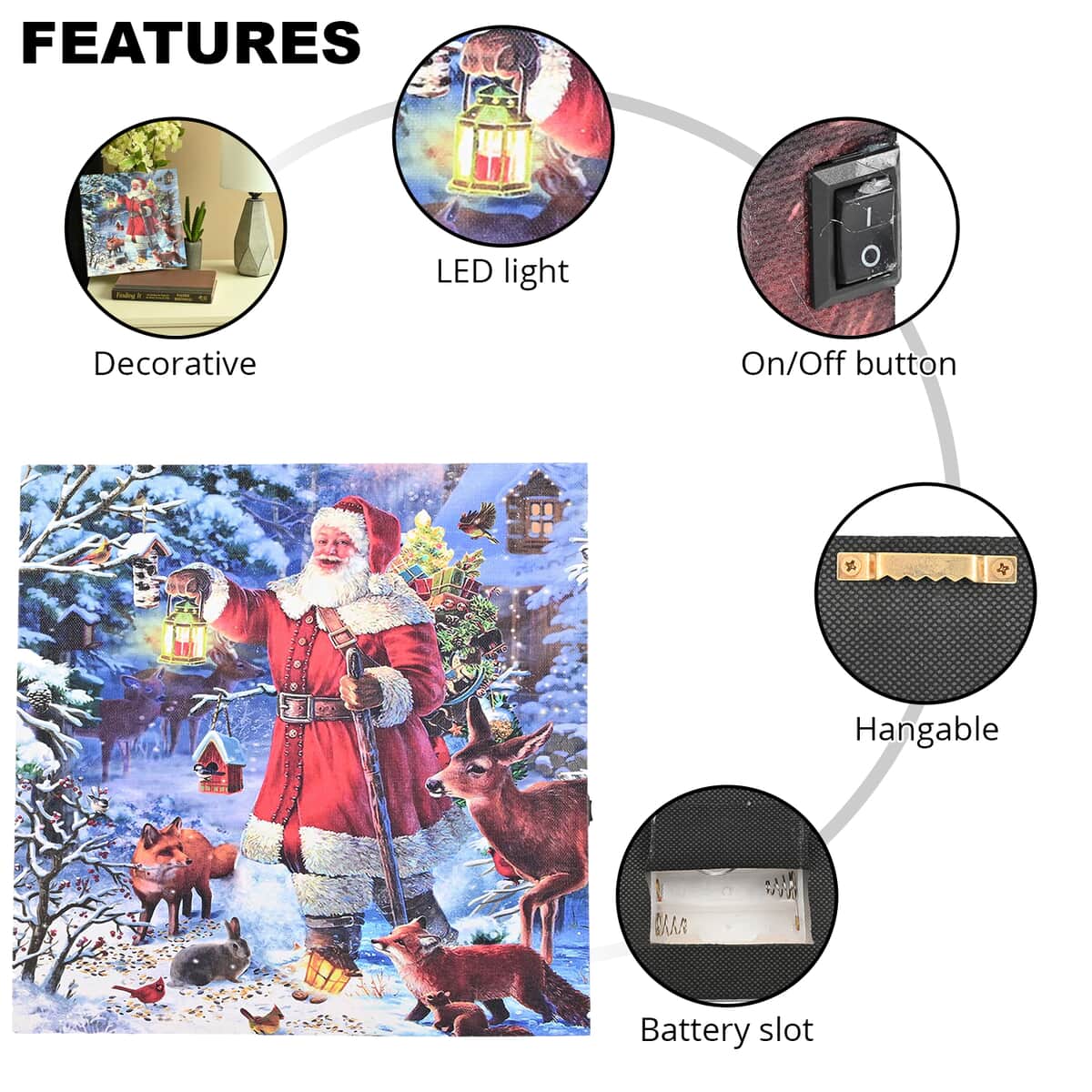 Multi Color Canvas 3-LED Santa and Sleigh Christmas Painting (2xAA Battery Not Included) image number 2