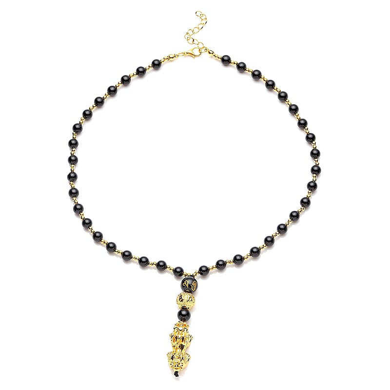 Feng Shui Black Obsidian Beaded with Pi Xiu Pendant Necklace 18 Inches in Goldtone 90.50 ctw