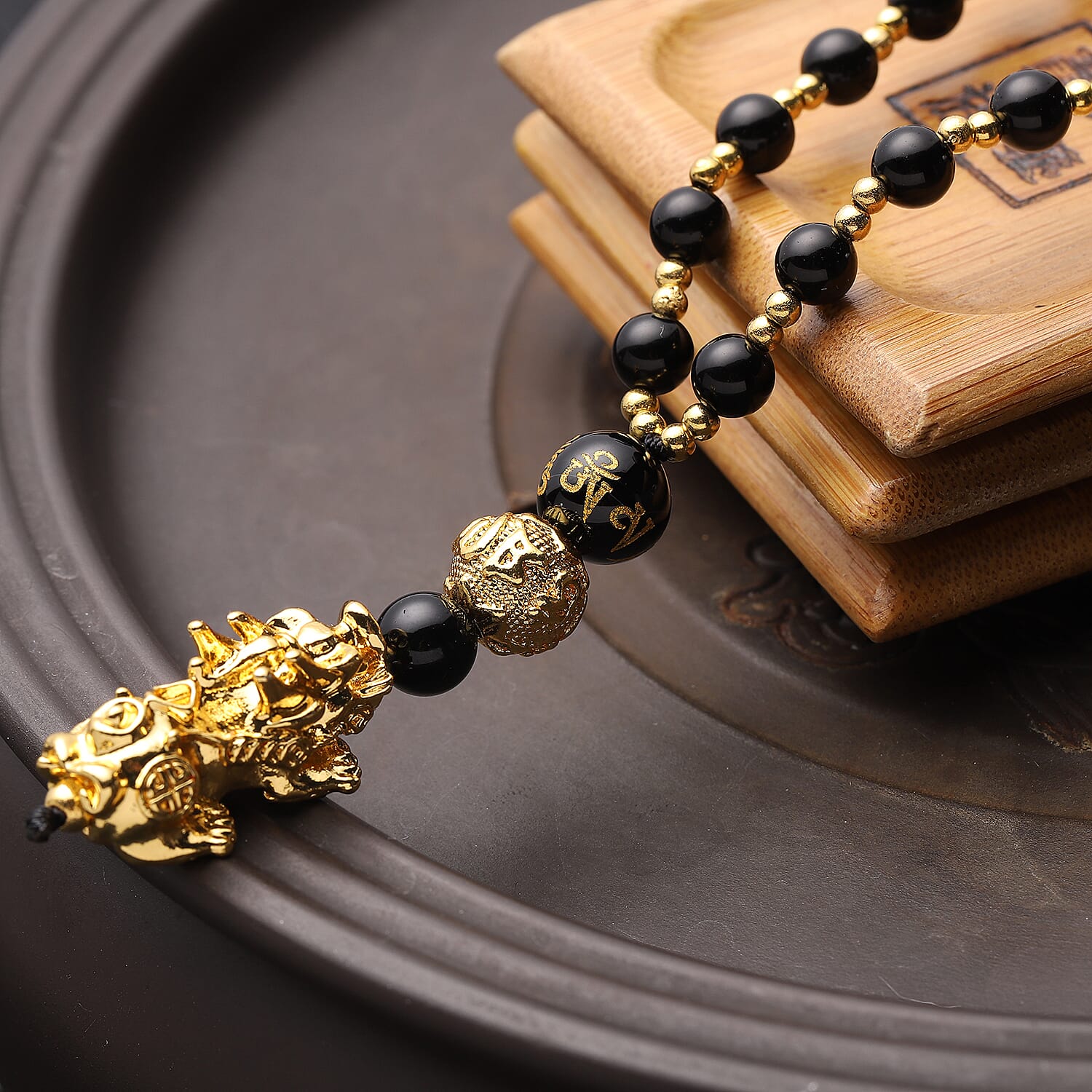Feng Shui Black Obsidian Beaded with Pi Xiu Pendant Necklace 18 Inches in Goldtone 90.50 ctw
