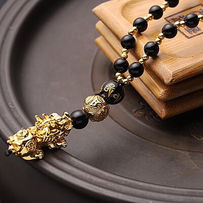 Feng Shui Black Obsidian Beaded with Pi Xiu Pendant Necklace 18 Inches in Goldtone 90.50 ctw