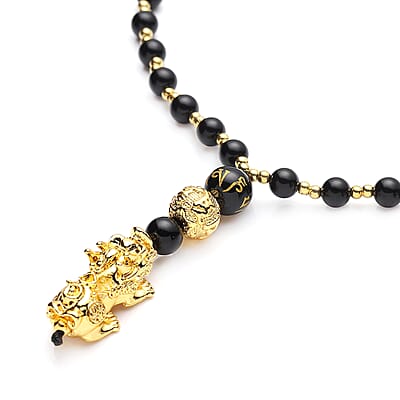 Feng Shui Black Obsidian Beaded with Pi Xiu Pendant Necklace 18 Inches in Goldtone 90.50 ctw