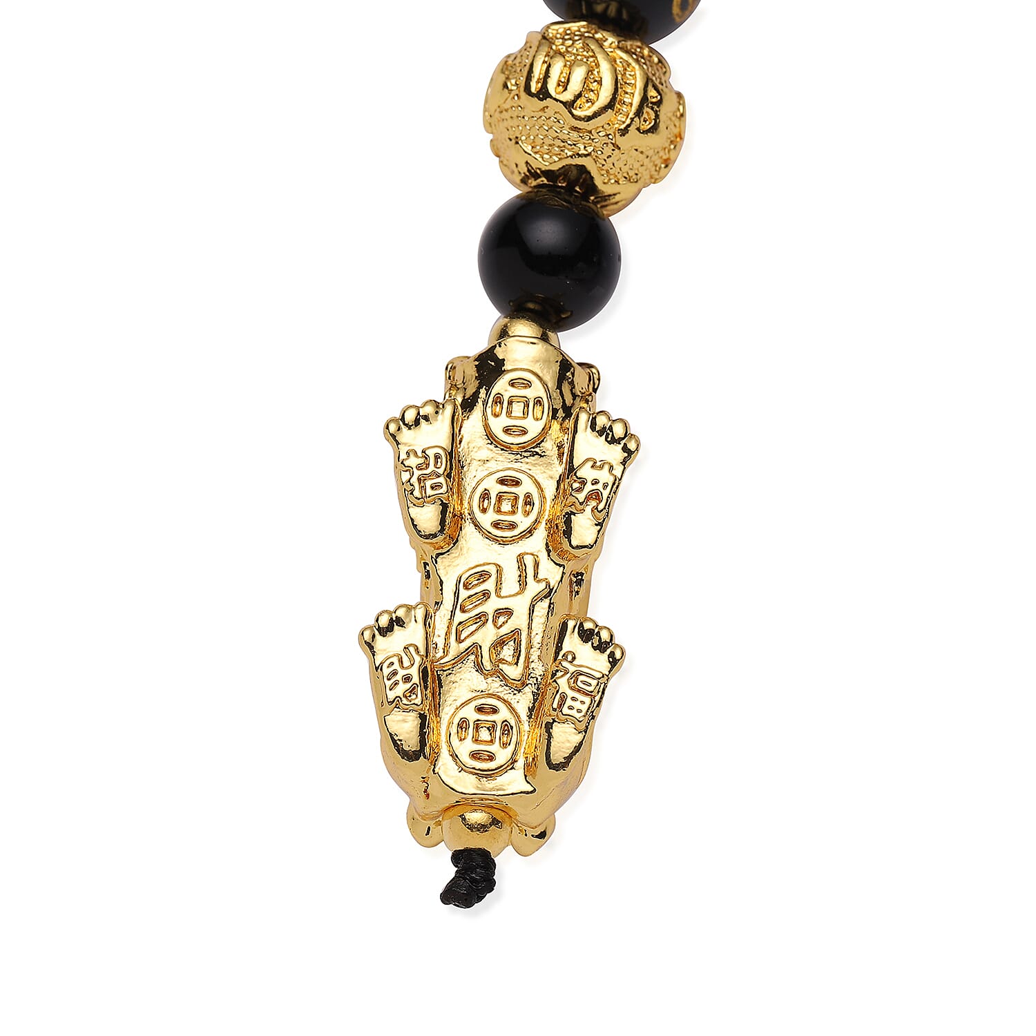 Feng Shui Black Obsidian Beaded with Pi Xiu Pendant Necklace 18 Inches in Goldtone 90.50 ctw