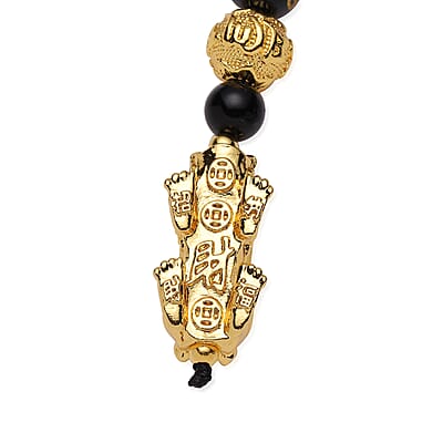 Feng Shui Black Obsidian Beaded with Pi Xiu Pendant Necklace 18 Inches in Goldtone 90.50 ctw