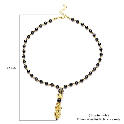 Feng Shui Black Obsidian Beaded with Pi Xiu Pendant Necklace 18 Inches in Goldtone 90.50 ctw