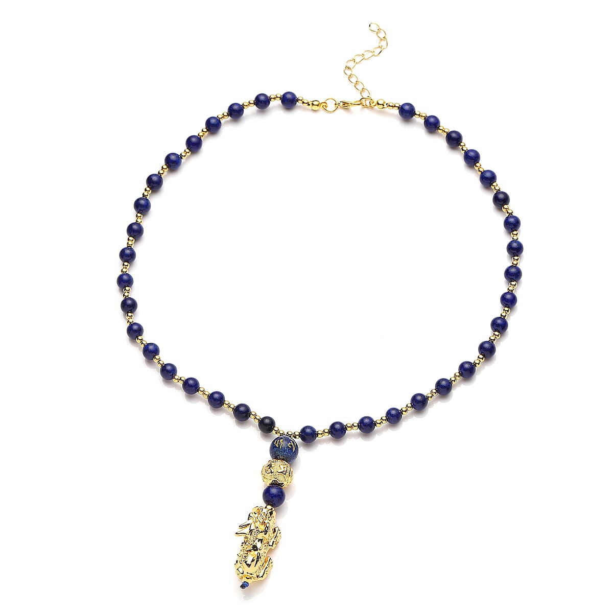 Feng Shui Lapis Lazuli Beaded with Pi Xiu Pendant Necklace 18 Inches in Goldtone 90.00 ctw image number 0