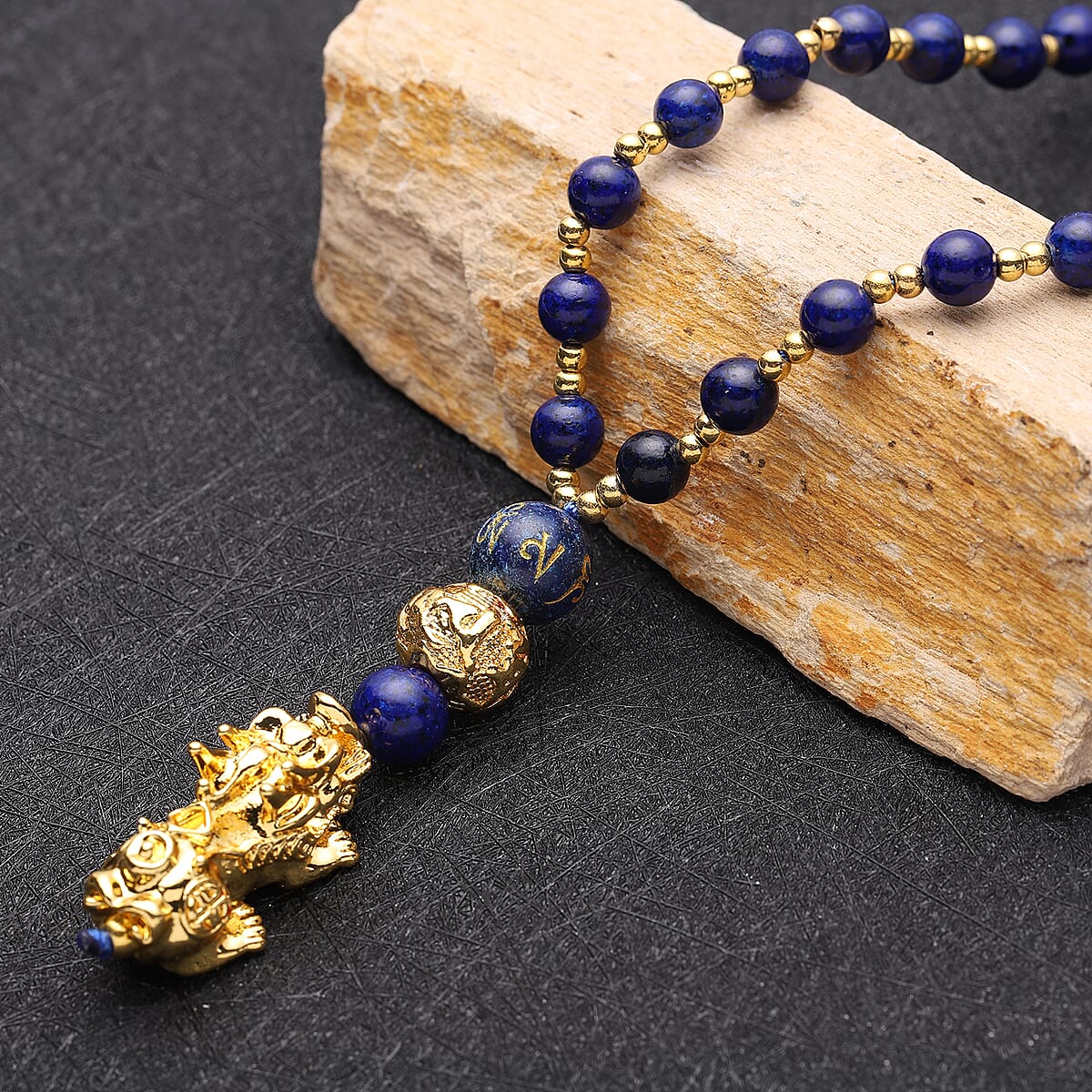 Feng Shui Lapis Lazuli Beaded with Pi Xiu Pendant Necklace 18 Inches in Goldtone 90.00 ctw image number 1