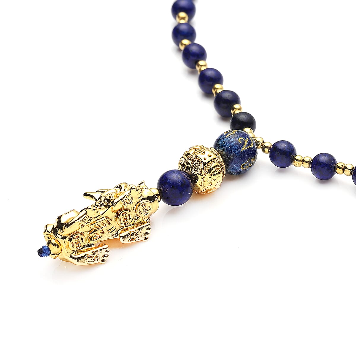 Feng Shui Lapis Lazuli Beaded with Pi Xiu Pendant Necklace 18 Inches in Goldtone 90.00 ctw image number 2
