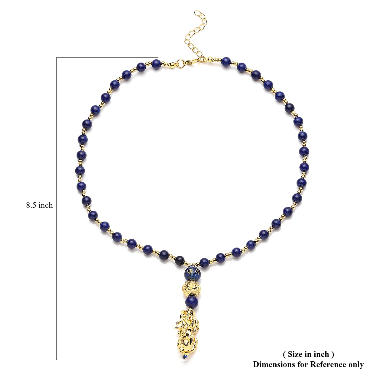 Feng Shui Lapis Lazuli Beaded with Pi Xiu Pendant Necklace 18 Inches in Goldtone 90.00 ctw image number 6