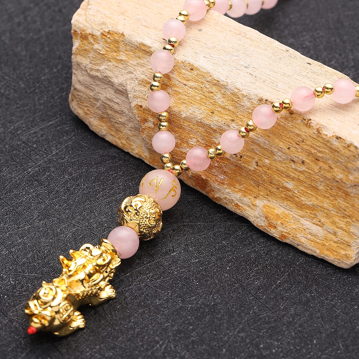 Feng Shui Galilea Rose Quartz Beaded with Pi Xiu Pendant Necklace 18 Inches in Goldtone 83.00 ctw image number 1