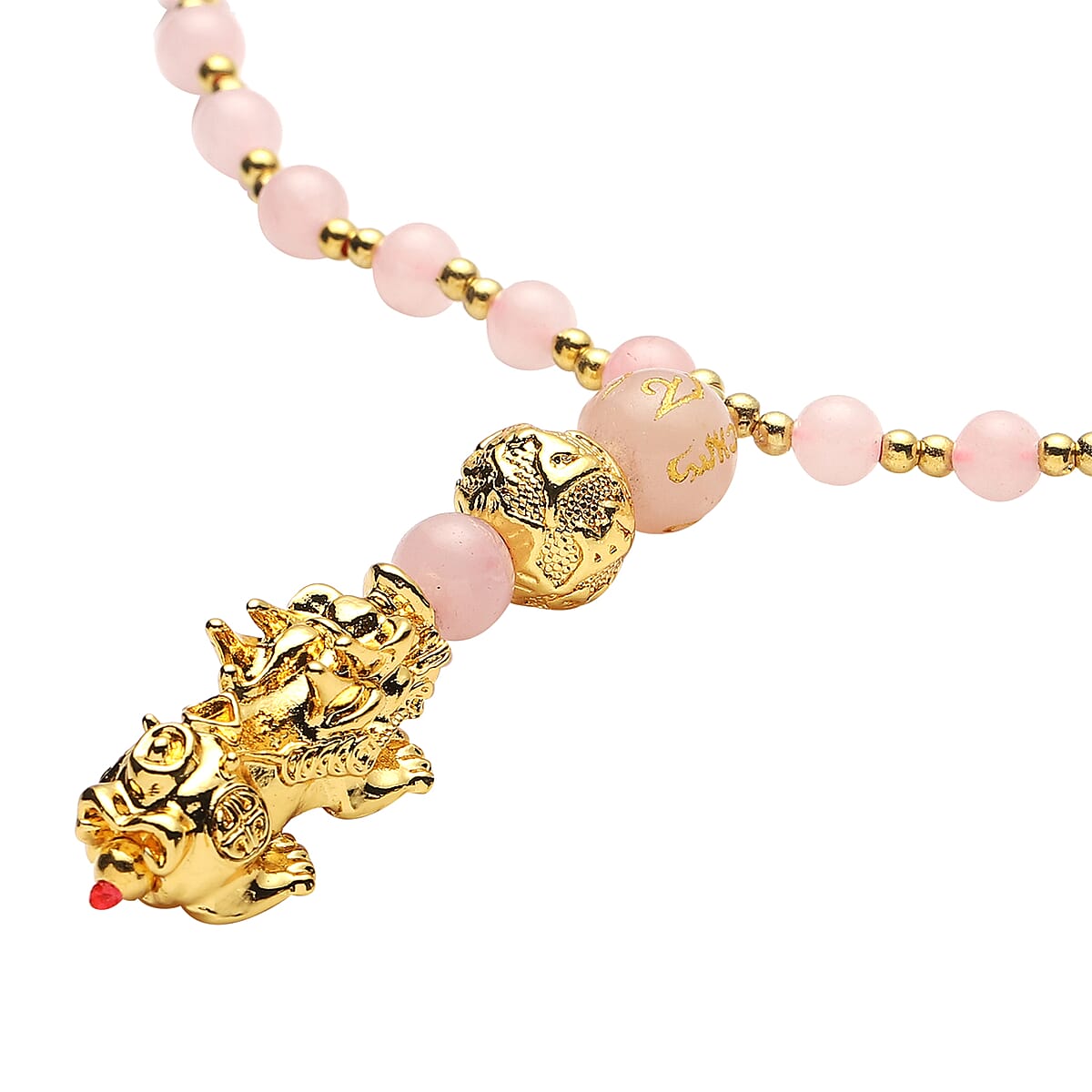 Feng Shui Galilea Rose Quartz Beaded with Pi Xiu Pendant Necklace 18 Inches in Goldtone 83.00 ctw image number 2