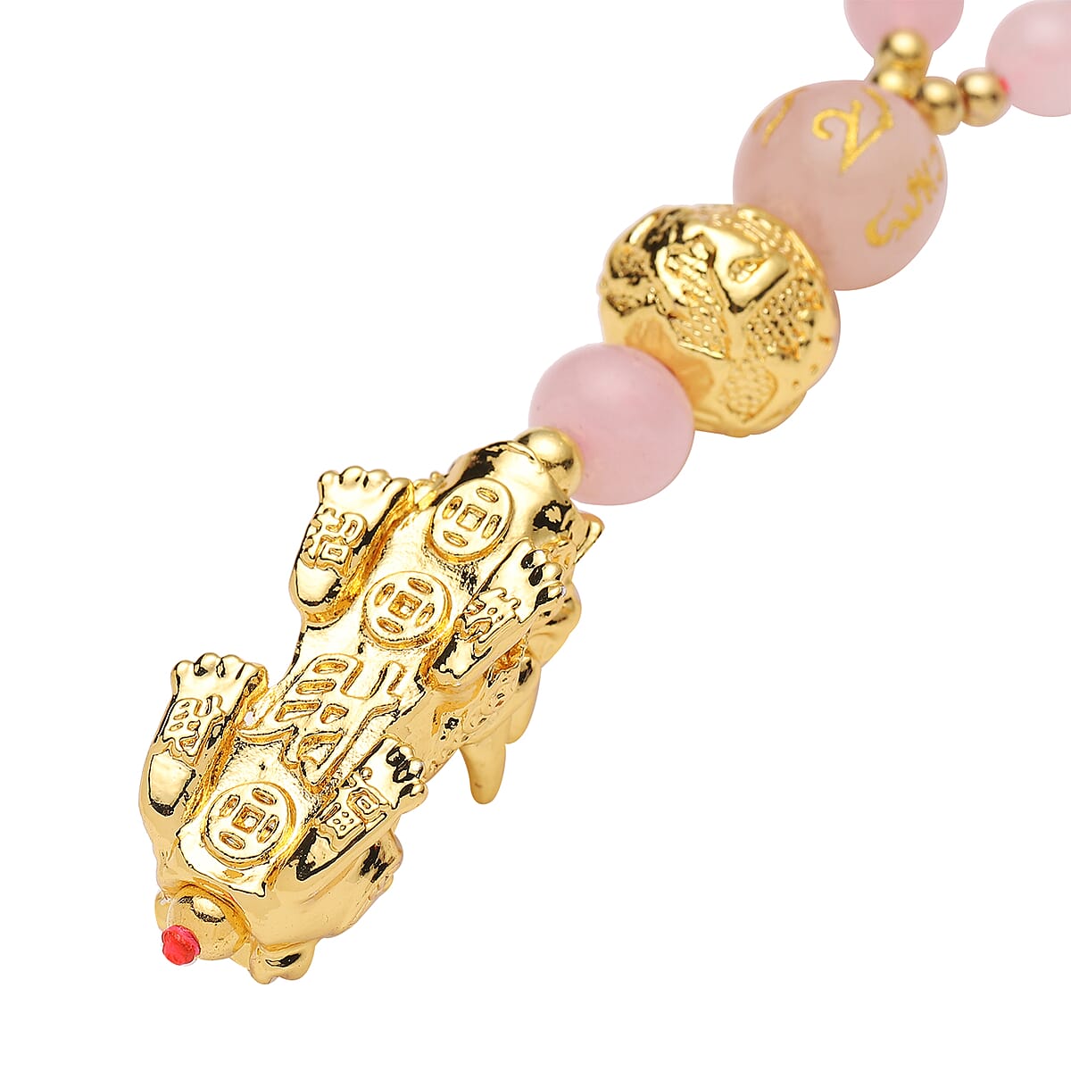Feng Shui Galilea Rose Quartz Beaded with Pi Xiu Pendant Necklace 18 Inches in Goldtone 83.00 ctw image number 3