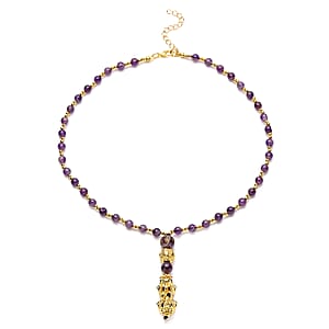 Feng Shui Amethyst Beaded with Pi Xiu Pendant Necklace 18 Inches in Goldtone 77.00 ctw