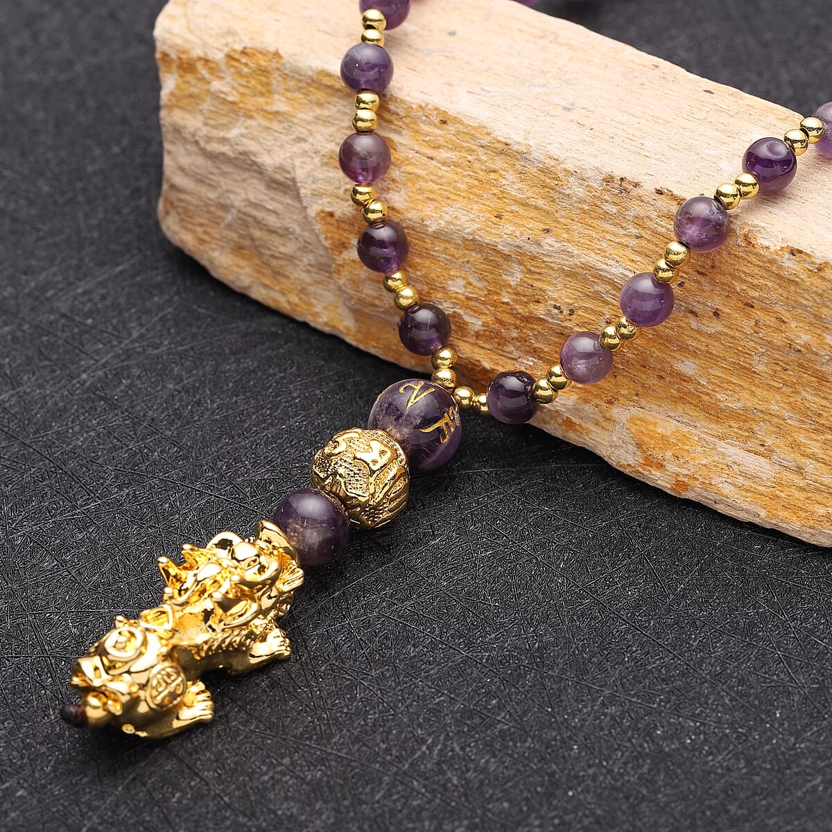 Feng Shui Amethyst Beaded with Pi Xiu Pendant Necklace 18 Inches in Goldtone 77.00 ctw image number 1