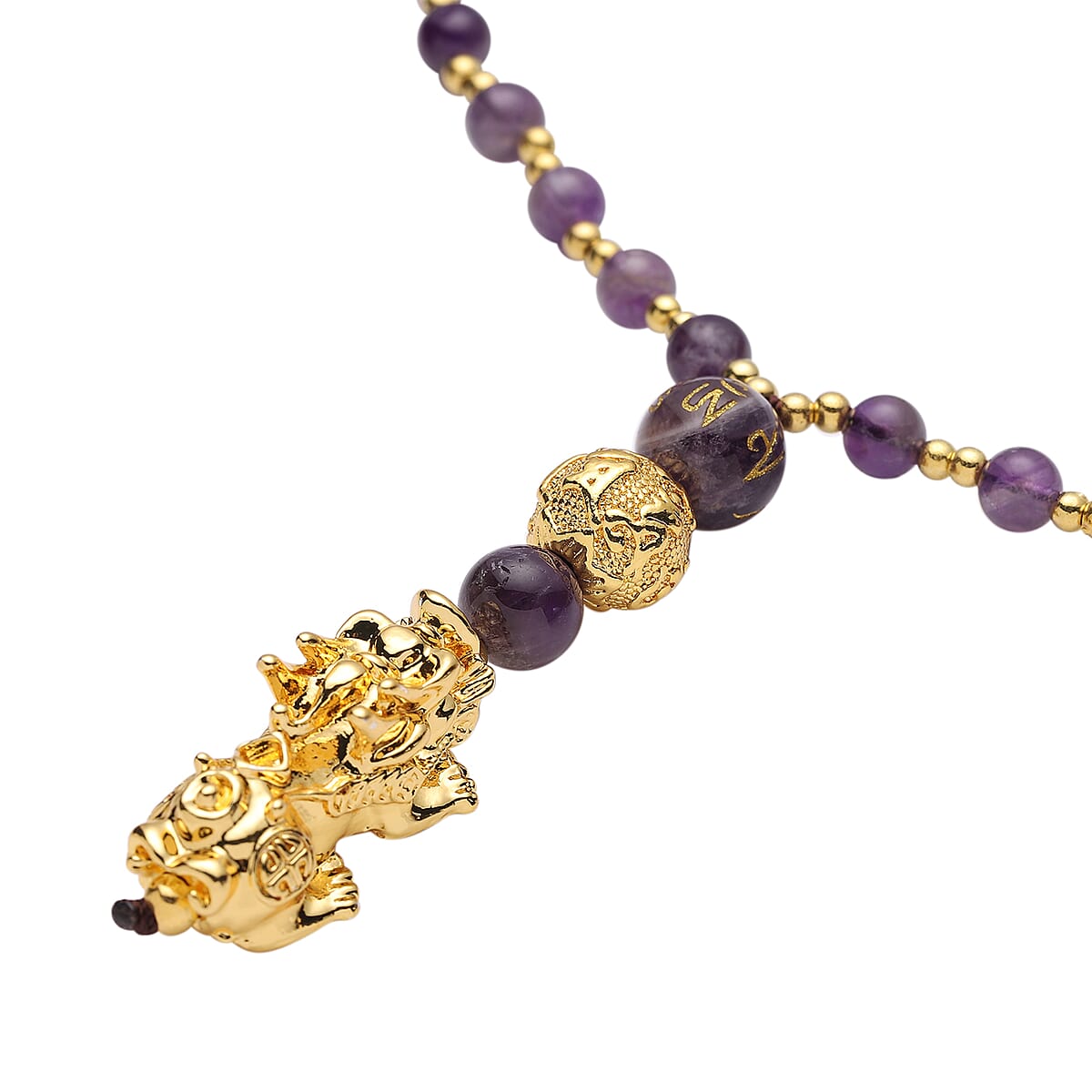 Feng Shui Amethyst Beaded with Pi Xiu Pendant Necklace 18 Inches in Goldtone 77.00 ctw image number 2