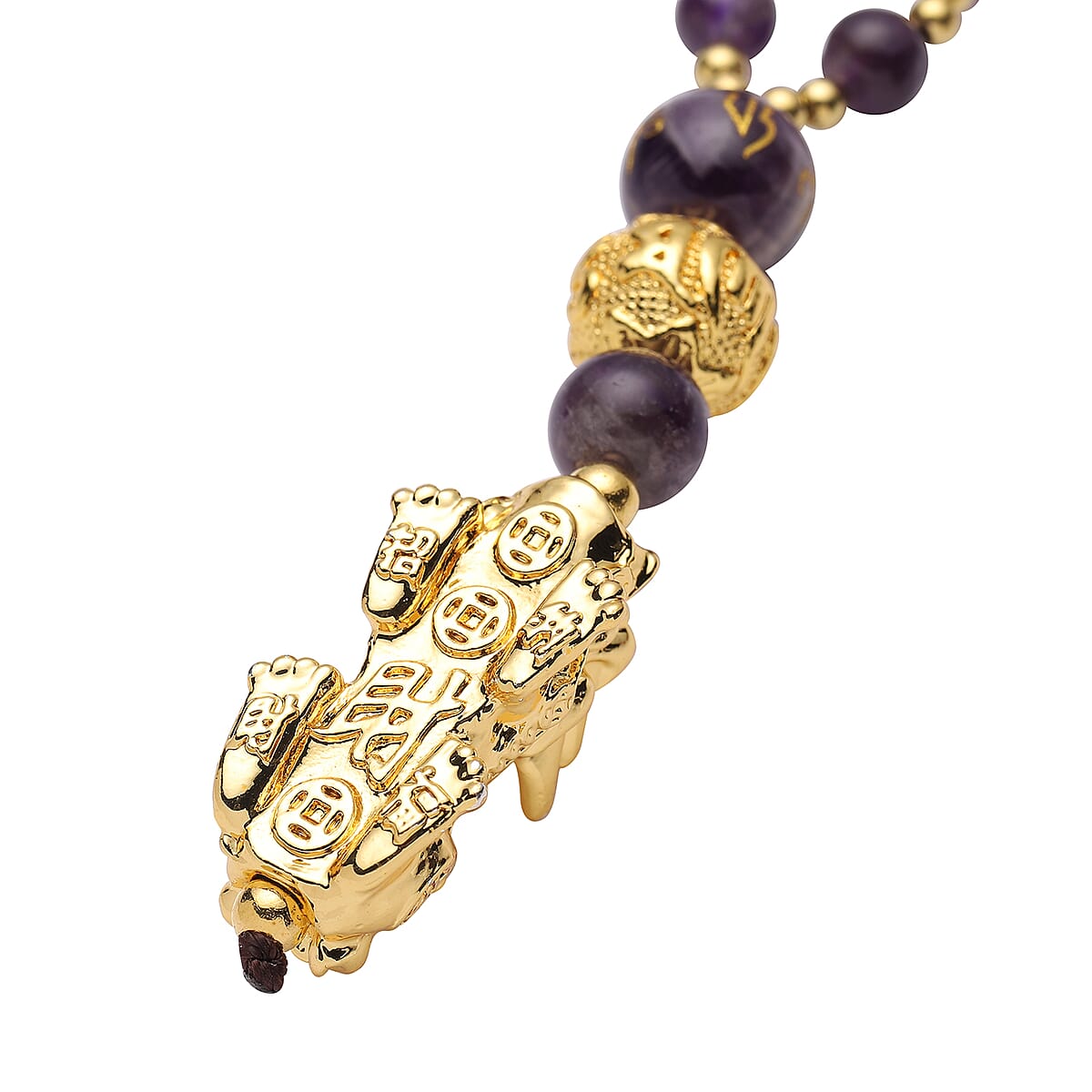 Feng Shui Amethyst Beaded with Pi Xiu Pendant Necklace 18 Inches in Goldtone 77.00 ctw image number 3
