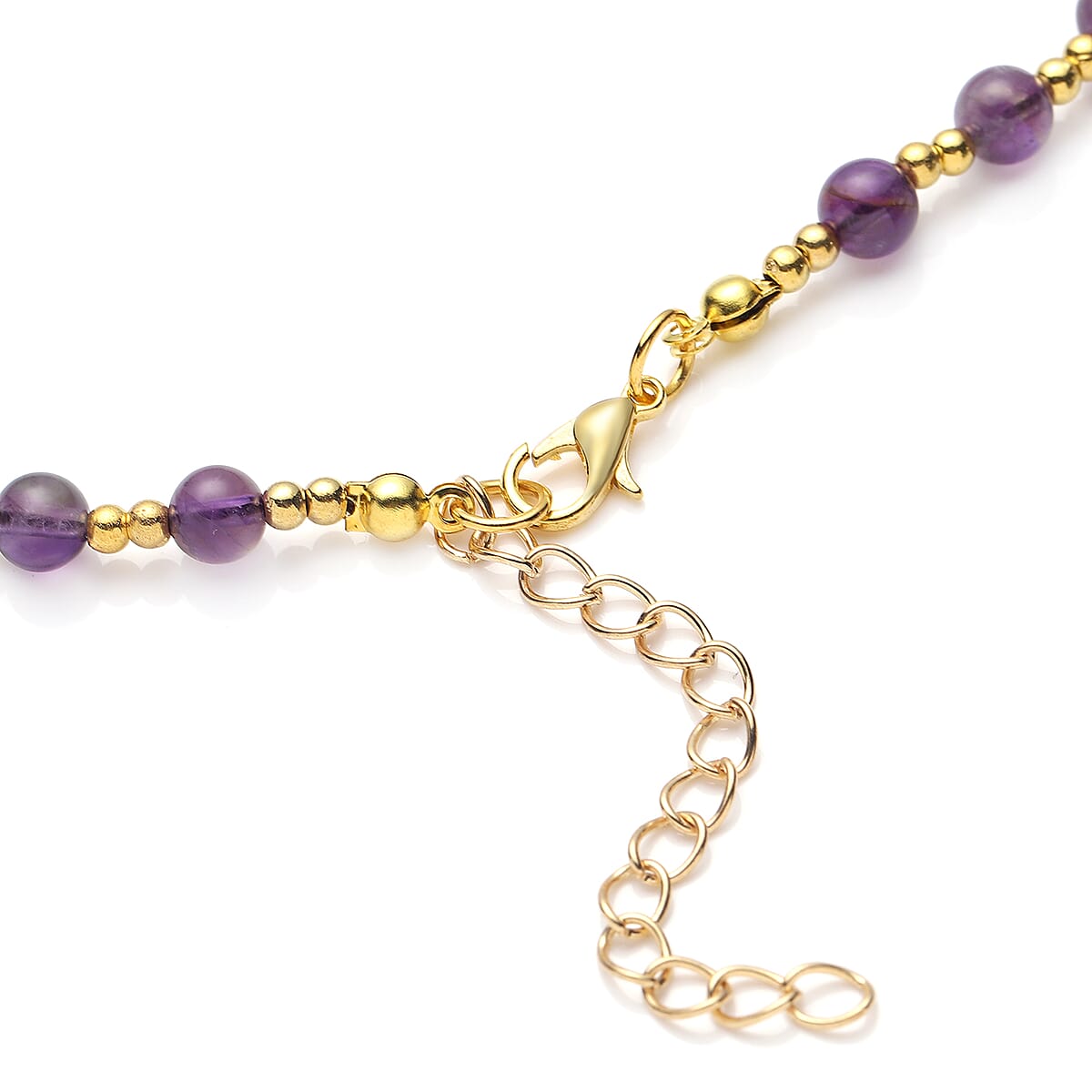 Feng Shui Amethyst Beaded with Pi Xiu Pendant Necklace 18 Inches in Goldtone 77.00 ctw image number 5
