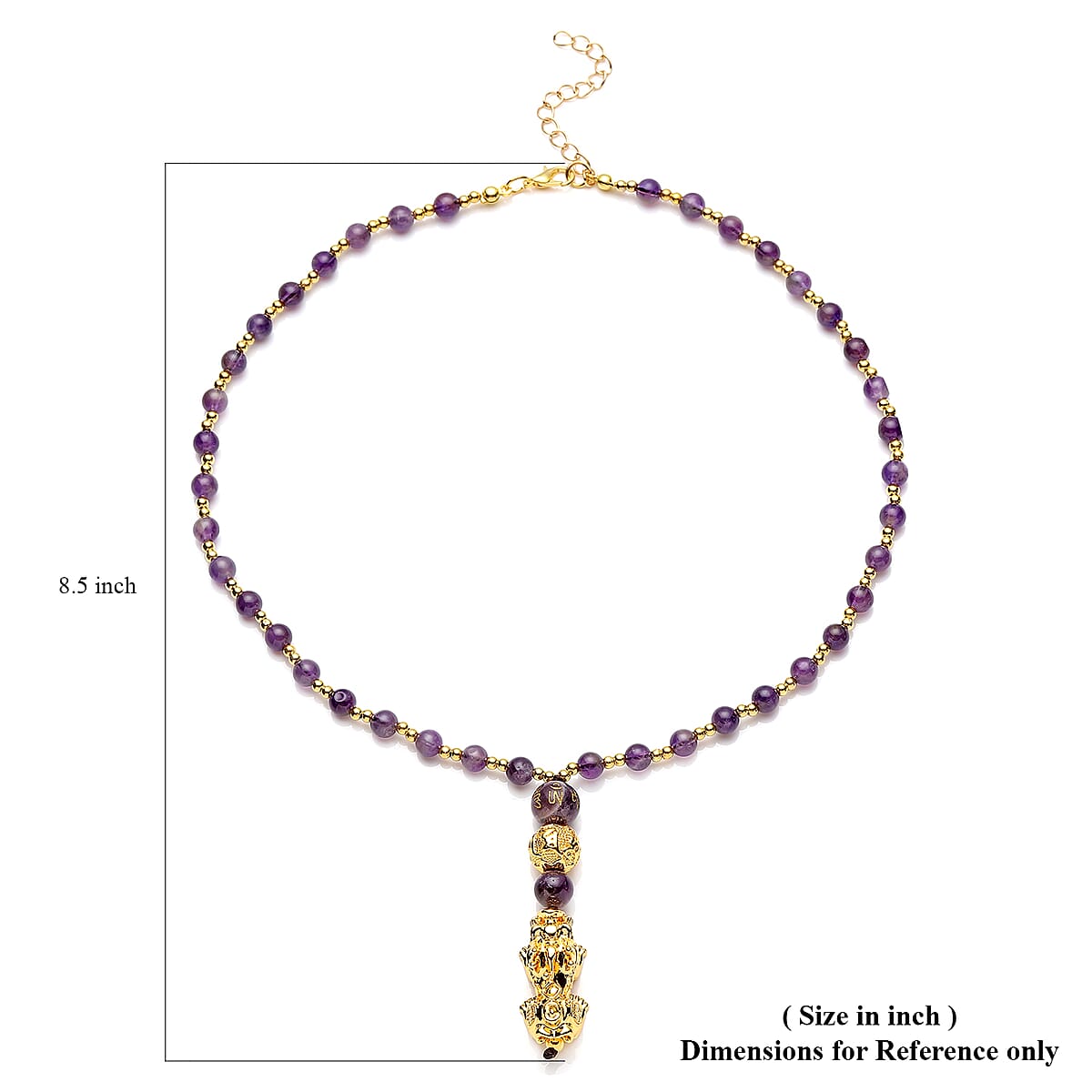 Feng Shui Amethyst Beaded with Pi Xiu Pendant Necklace 18 Inches in Goldtone 77.00 ctw image number 6