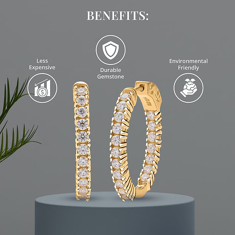 Moissanite Earrings in Vermeil YG Over Sterling Silver, Inside-Out Hoops, Silver Hoops, Anniversary Gifts For Her (7.25 g) 1.50 ctw
