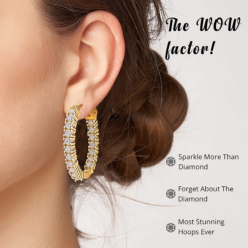 Moissanite Earrings in Vermeil YG Over Sterling Silver, Inside-Out Hoops, Silver Hoops, Anniversary Gifts For Her (7.25 g) 1.50 ctw
