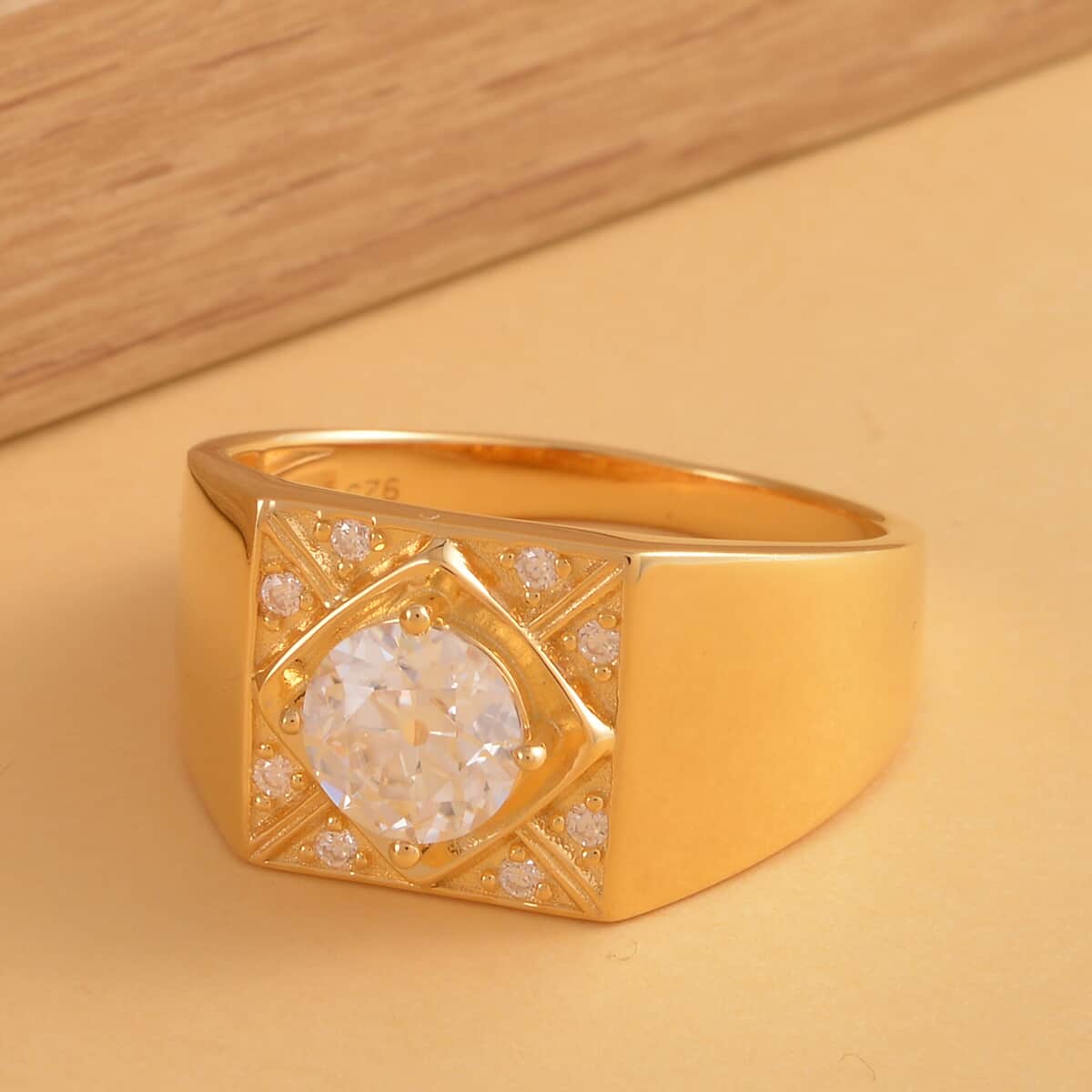 Old European Cut Moissanite Men's Ring in Vermeil Yellow Gold Over Sterling Silver (Size 12.0) 7.25 Grams 1.75 ctw image number 1