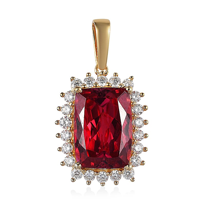 Lab Created Padparadscha Sapphire and Moissanite Halo Pendant in Vermeil Yellow Gold Over Sterling Silver 11.60 ctw