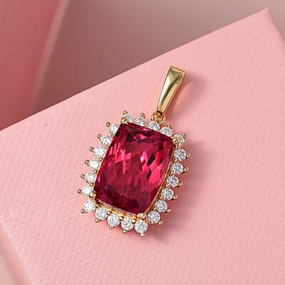 Lab Created Padparadscha Sapphire and Moissanite Halo Pendant in Vermeil Yellow Gold Over Sterling Silver 11.60 ctw