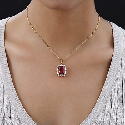 Lab Created Padparadscha Sapphire and Moissanite Halo Pendant in Vermeil Yellow Gold Over Sterling Silver 11.60 ctw