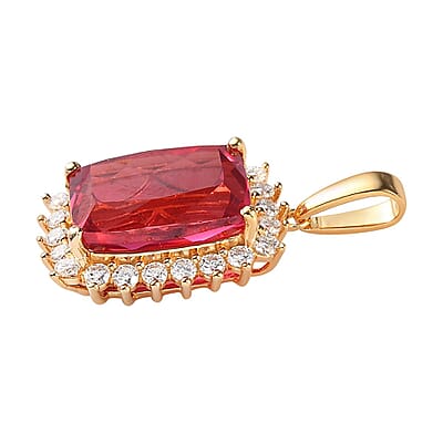 Lab Created Padparadscha Sapphire and Moissanite Halo Pendant in Vermeil Yellow Gold Over Sterling Silver 11.60 ctw
