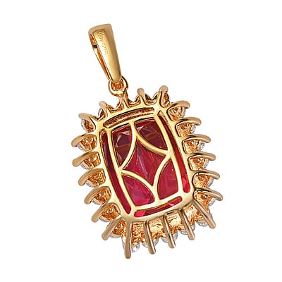Lab Created Padparadscha Sapphire and Moissanite Halo Pendant in Vermeil Yellow Gold Over Sterling Silver 11.60 ctw
