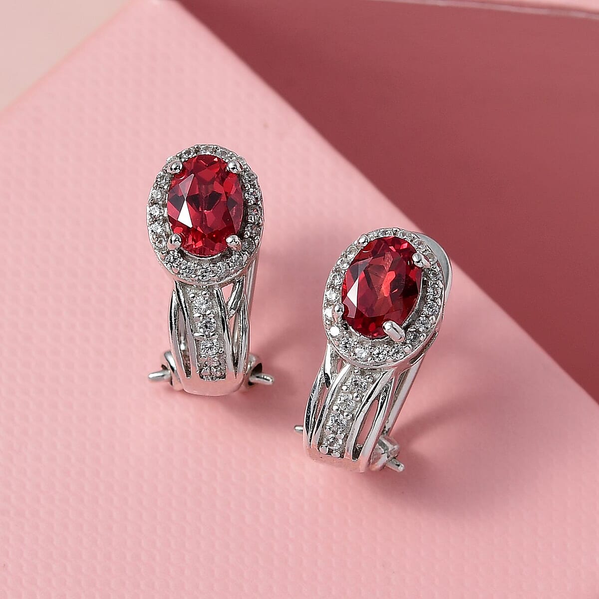 Lab Created Padparadscha Sapphire and White Zircon Omega Clip Earrings in Platinum Over Sterling Silver 2.60 ctw image number 1