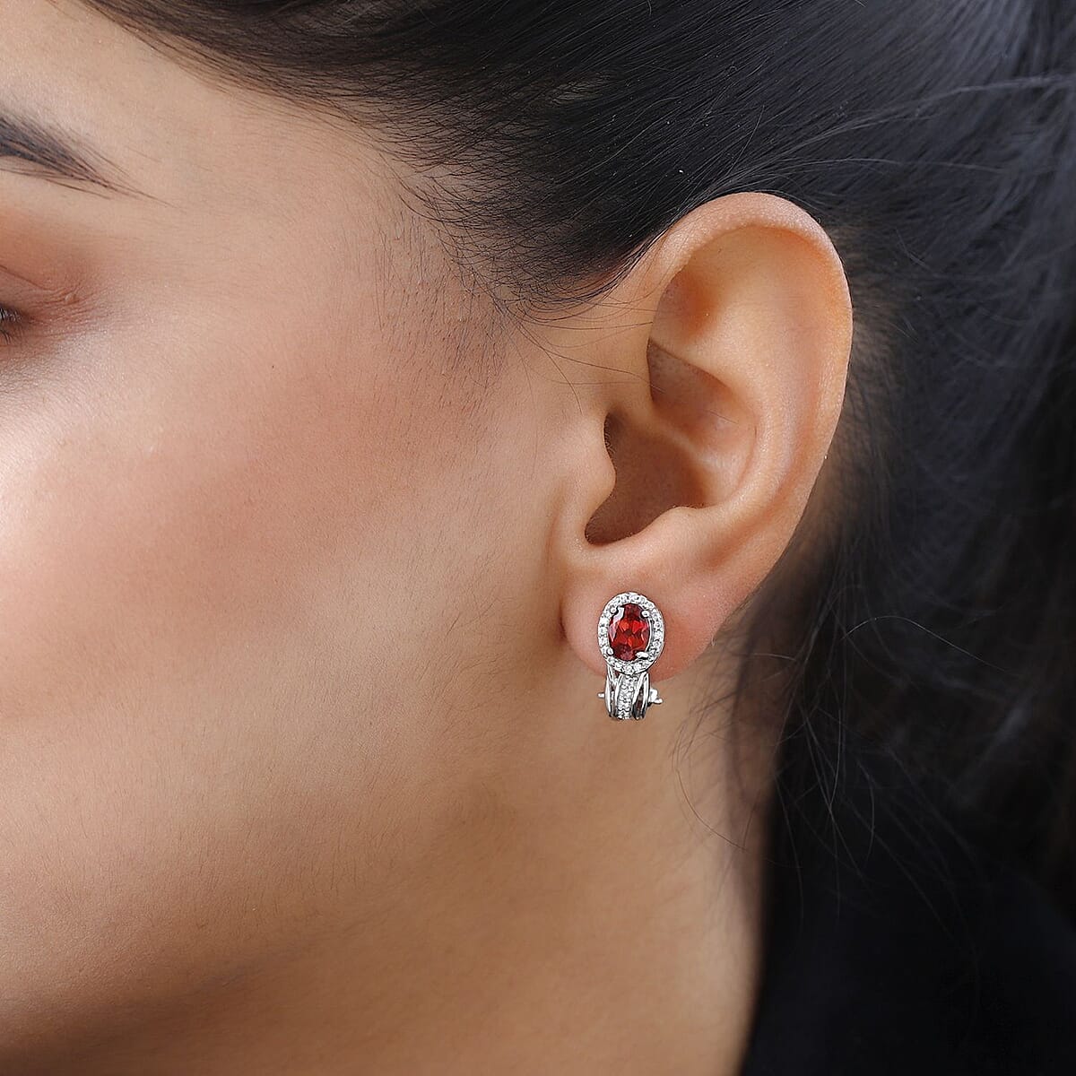 Lab Created Padparadscha Sapphire and White Zircon Omega Clip Earrings in Platinum Over Sterling Silver 2.60 ctw image number 2