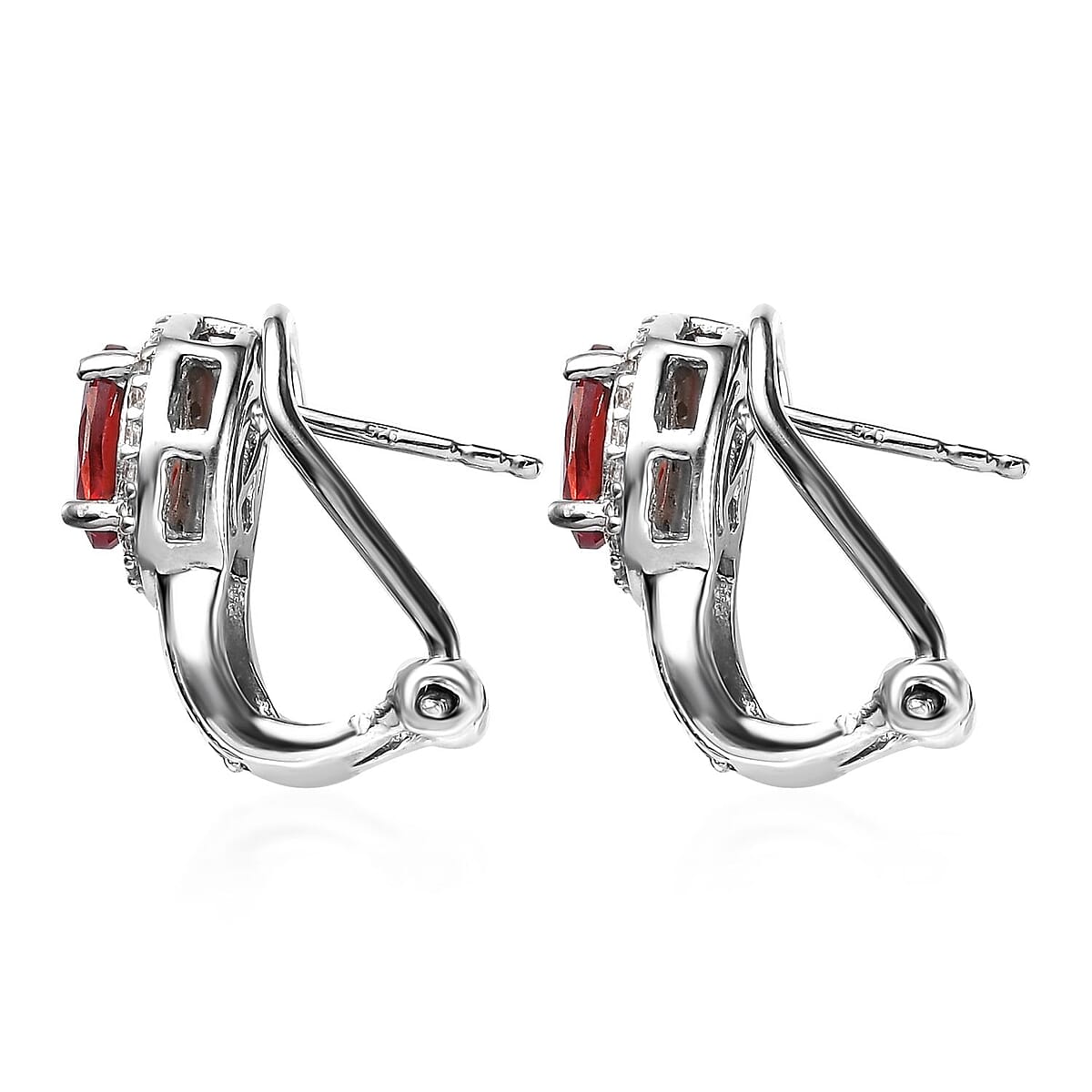 Lab Created Padparadscha Sapphire and White Zircon Omega Clip Earrings in Platinum Over Sterling Silver 2.60 ctw image number 3