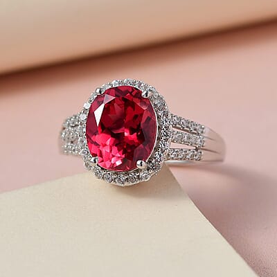 Lab Created Padparadscha Sapphire and Natural White Zircon Ring in Platinum Over Sterling Silver (Size 10.0) 6.00 ctw