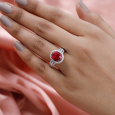 Lab Created Padparadscha Sapphire and Natural White Zircon Ring in Platinum Over Sterling Silver (Size 10.0) 6.00 ctw