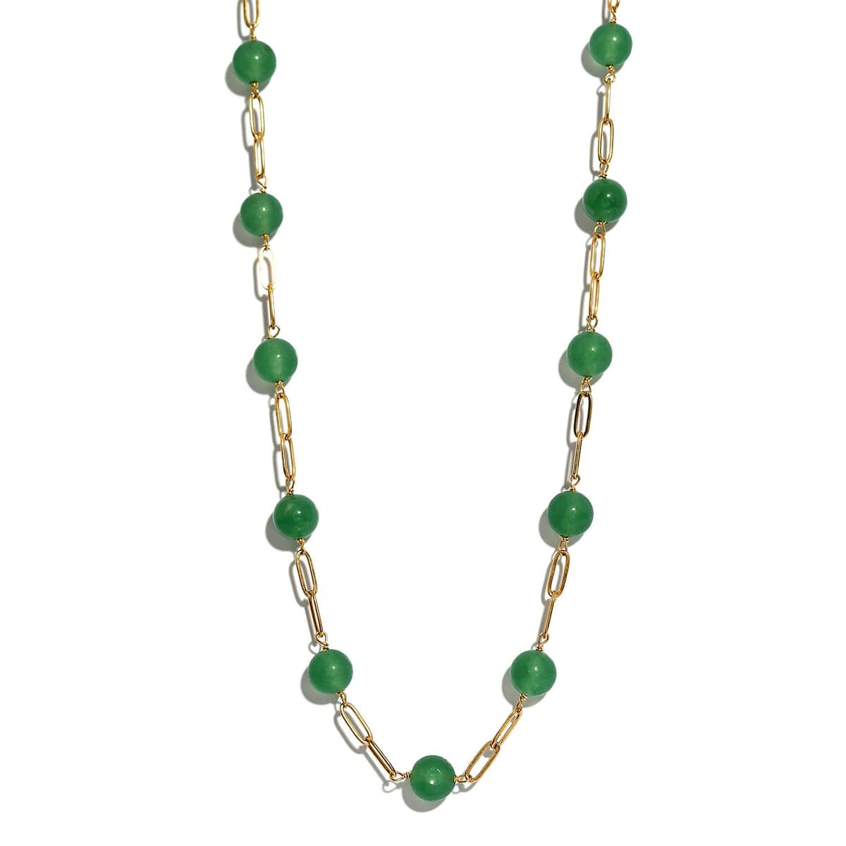 Green Aventurine Paper Clip Chain Station Necklace (20 Inches) in ION Plated YG Stainless Steel 61.50 ctw , Tarnish-Free, Waterproof, Sweat Proof Jewelry image number 0