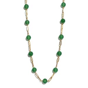 Green Aventurine Paper Clip Chain Station Necklace (20 Inches) in ION Plated YG Stainless Steel 61.50 ctw , Tarnish-Free, Waterproof, Sweat Proof Jewelry