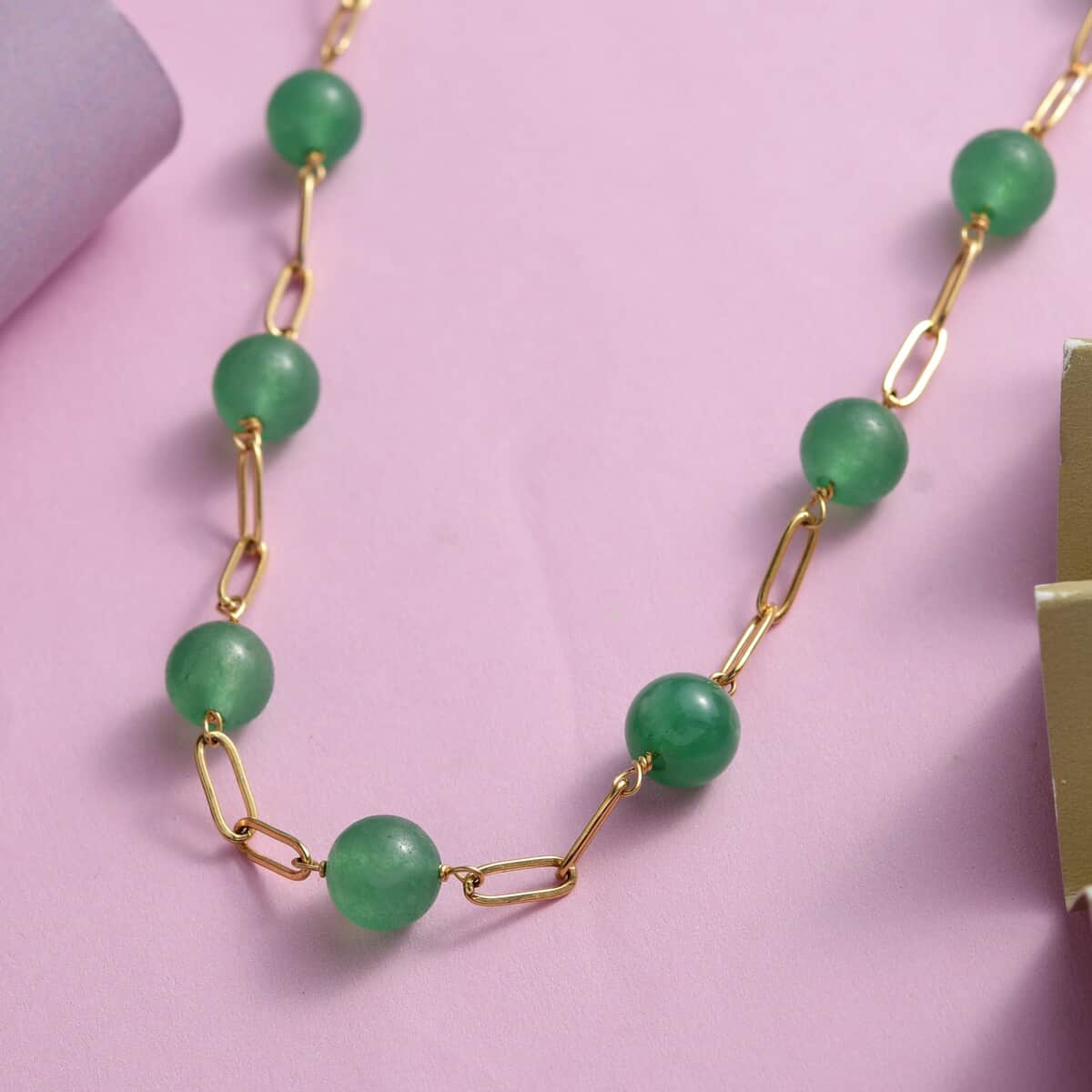 Green Aventurine Paper Clip Chain Station Necklace (20 Inches) in ION Plated YG Stainless Steel 61.50 ctw , Tarnish-Free, Waterproof, Sweat Proof Jewelry image number 1