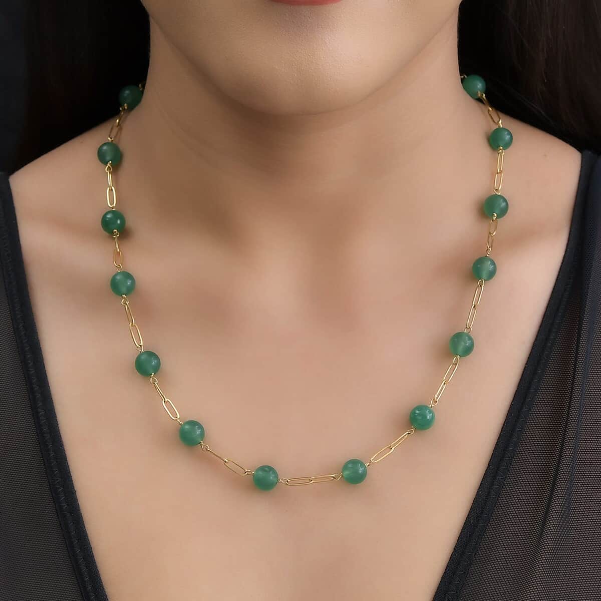 Green Aventurine Paper Clip Chain Station Necklace 20 Inches in ION Plated YG Stainless Steel 1.00 ctw image number 2